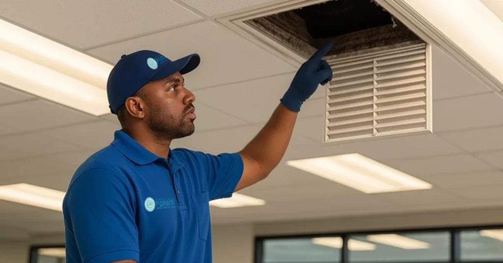 A tech reviewing a commercial air vent