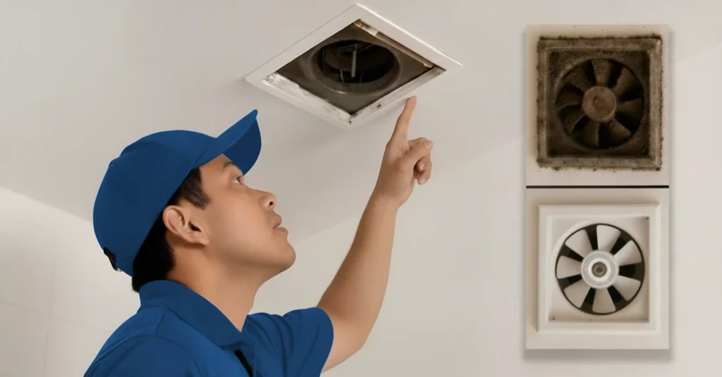 A tech checking a bathroom exhaust fan